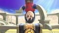 The default Mii Brawler striking Kirby mid-Stone with his Head-On Assault on Skyworld.