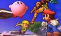 Kirby fighting Mario, Samus and Toon Link.